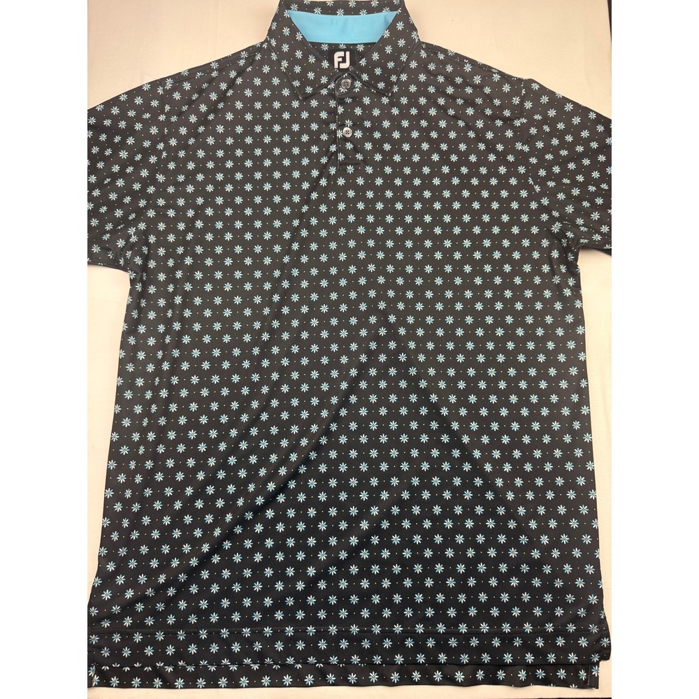 FootJoy Golf Polo Large Black Blue Floral Daisy Moorhead Country Club Logo - Picture 1 of 6